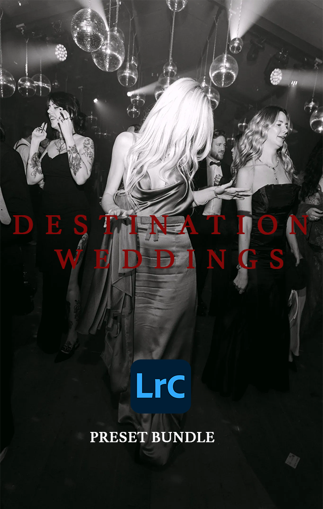 Schwarz-Weiß-Cover der Wedding Presets: Gäste tanzen auf einer Hochzeitsfeier, Bonus Black & White Editorial Preset
