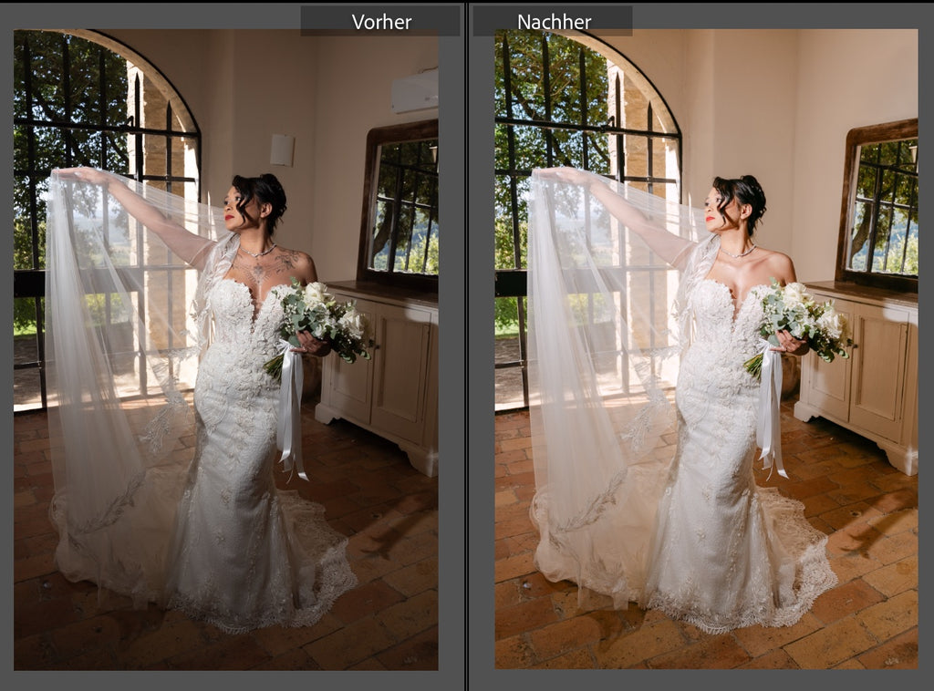 Vorher-Nachher-Vergleich: Braut mit Schleier im Fensterlicht, bearbeitet mit den Editorial Wedding Presets für Lightroom
