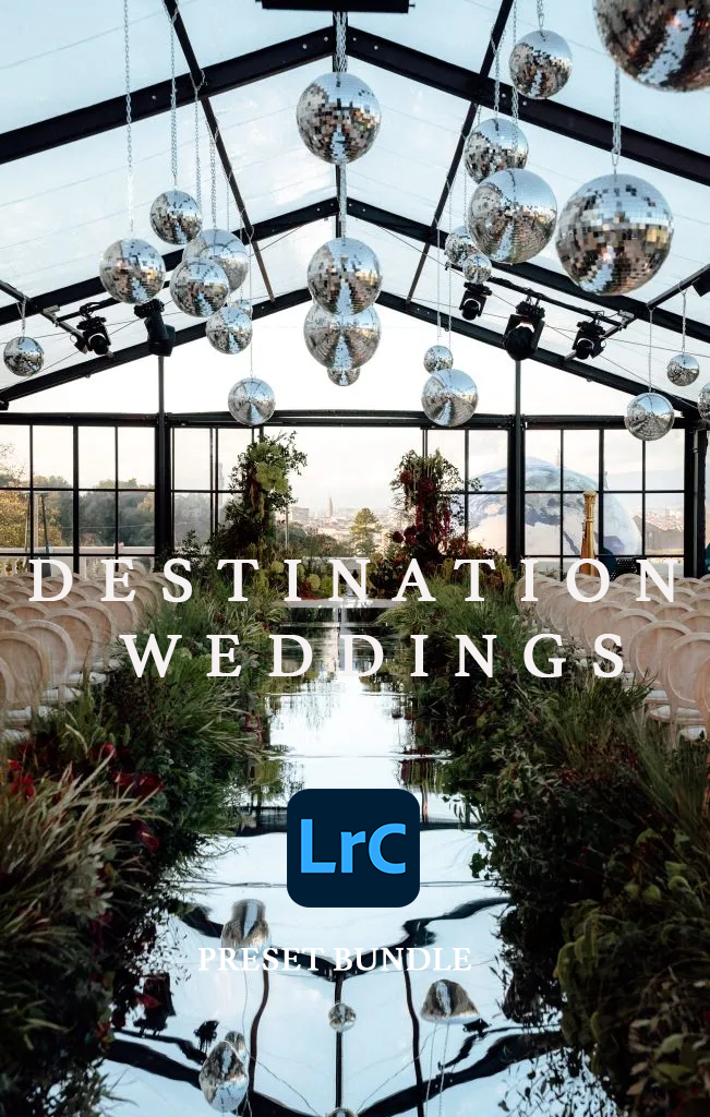 Editorial Wedding Presets für Lightroom Classic: Cover des Destination Wedding Preset Packs mit Discokugeln im Glaspavillon