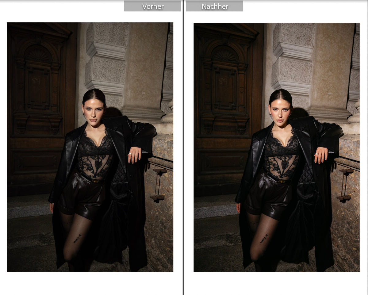 Vorher-Nachher-Vergleich: Frau in schwarzem Mantel und Spitzenkleid vor Steinportal bei Nacht, Lightroom Preset